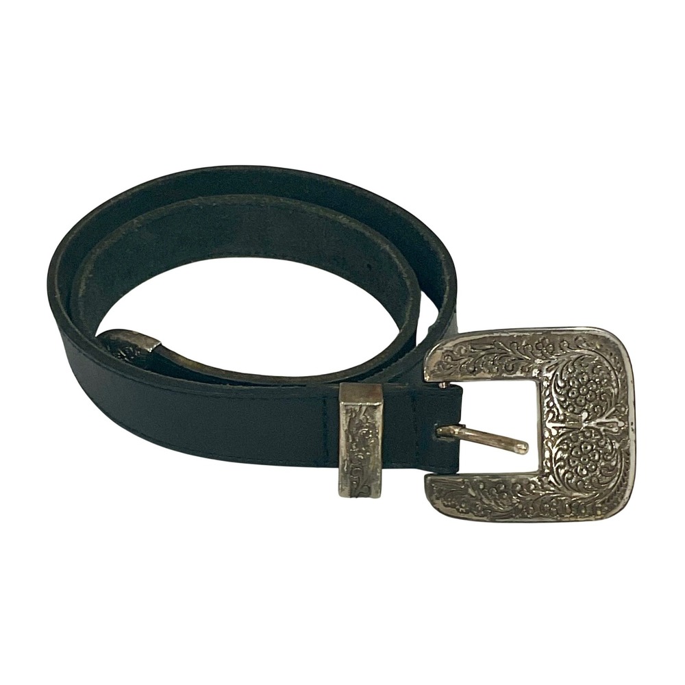 VTG NUOVO womens genuine leather belt 80s western scrolled‎ M retro black silver